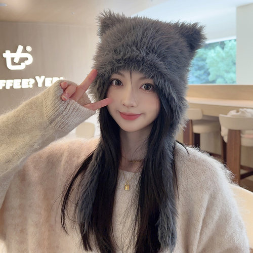 毛绒绒套头帽子女小熊秋冬