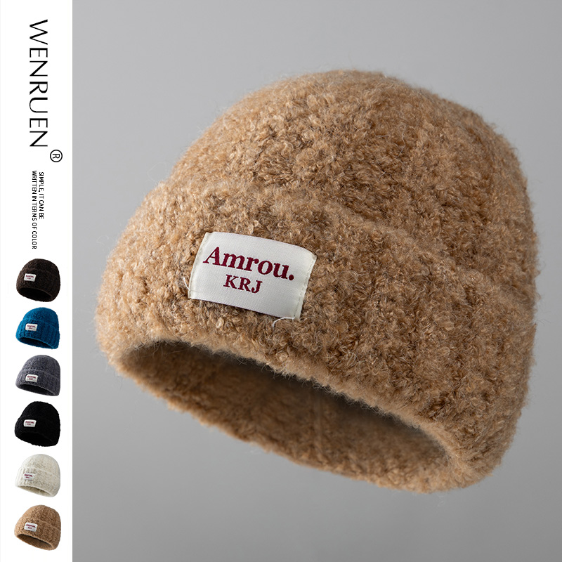 毛线帽女字母布贴冬季加厚防风护耳保暖针织帽子韩版秋冬百搭冷帽