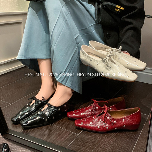 铆钉V口小皮鞋女方头内增高单鞋