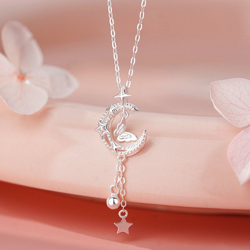 足银S999星月蝴蝶流苏项链女唯美仙女设计温柔显白气质锁骨链