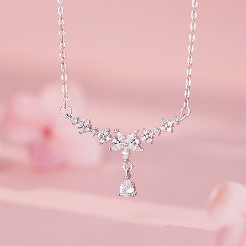 足银S999花朵锆石项链高级设计感温柔甜美小众文艺韩风锁骨链