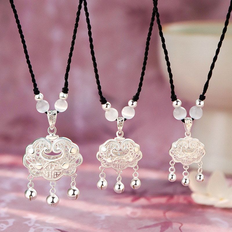 足银S999文艺福字平安锁项链国风中式国潮古风小众精美锁骨链