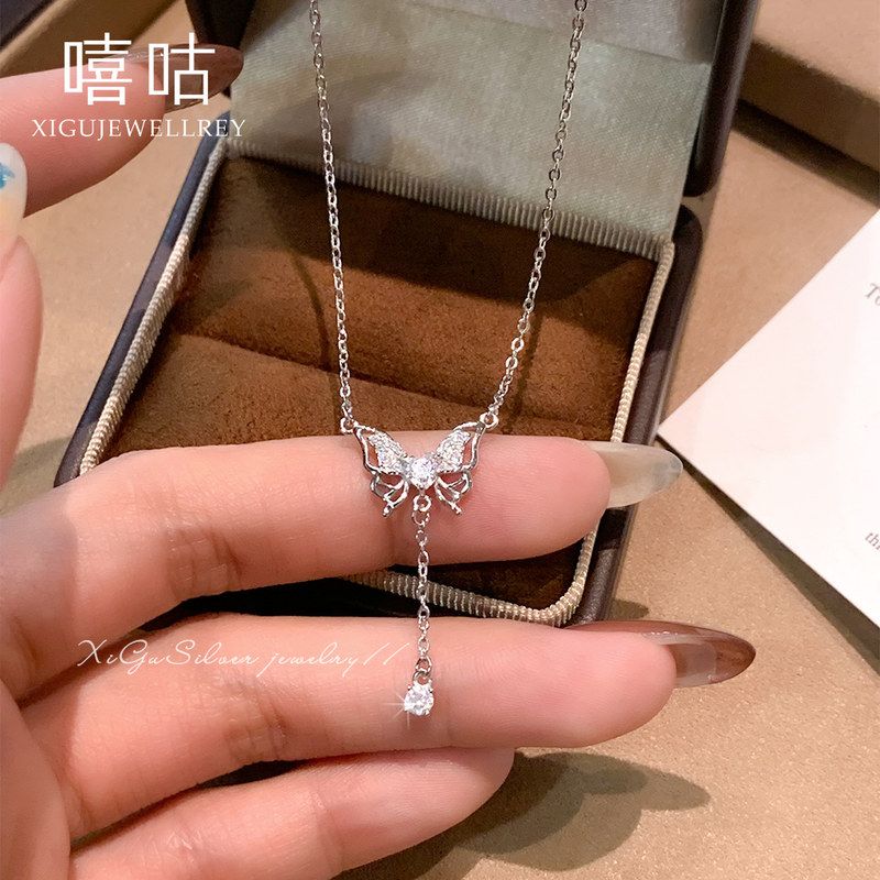 通体S925银蝴蝶流苏项链女秋冬高级感轻奢锁骨链新款