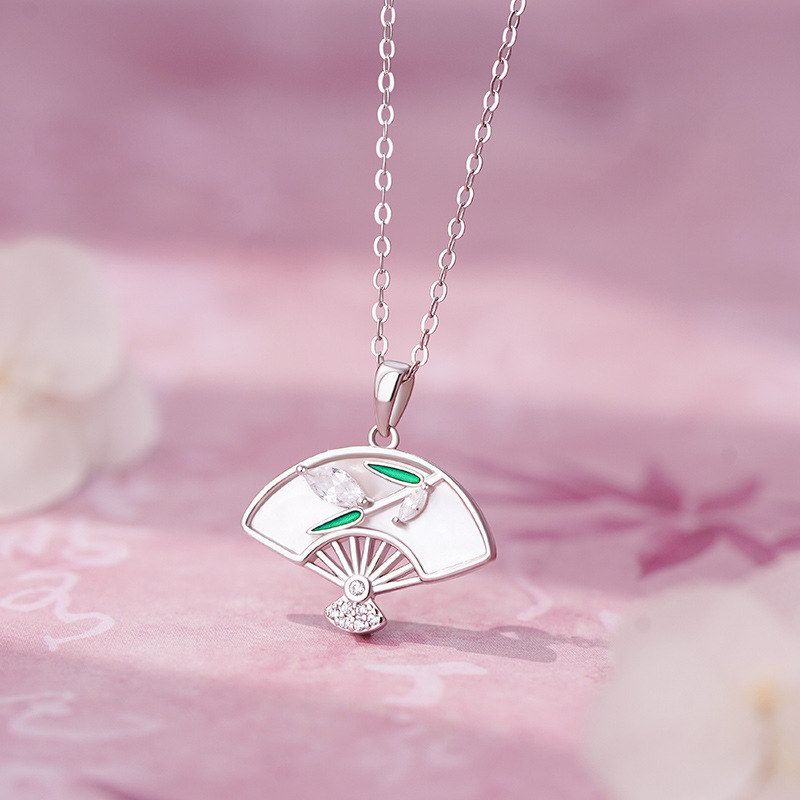 纯银S925绿竹折扇项链中式古风古色气质高端清新淡雅锁骨链