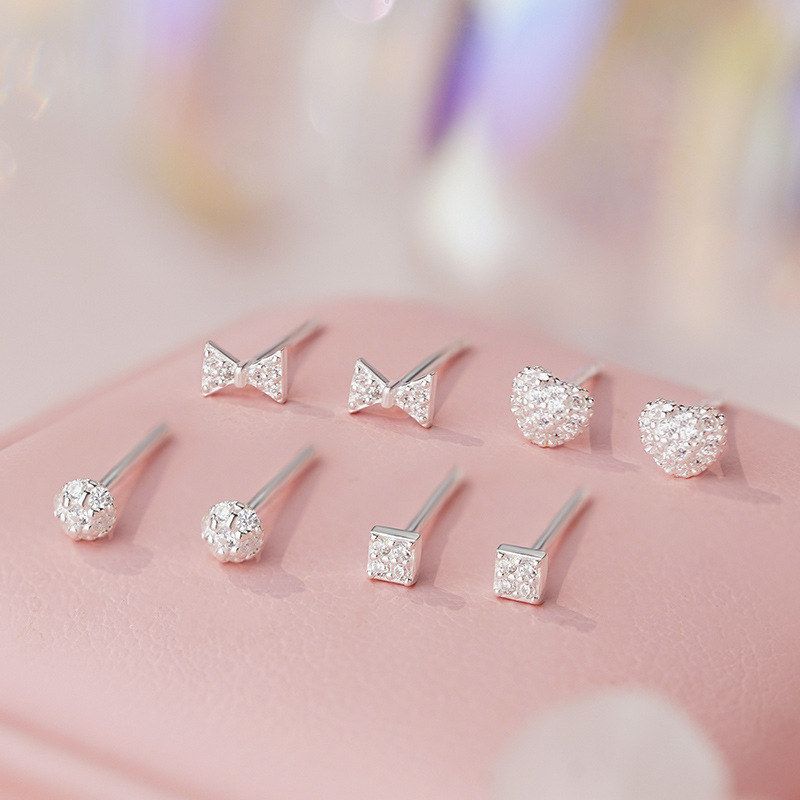 足银S999爱心方形蝴蝶结圆形耳钉轻奢小众设计气质清新耳饰