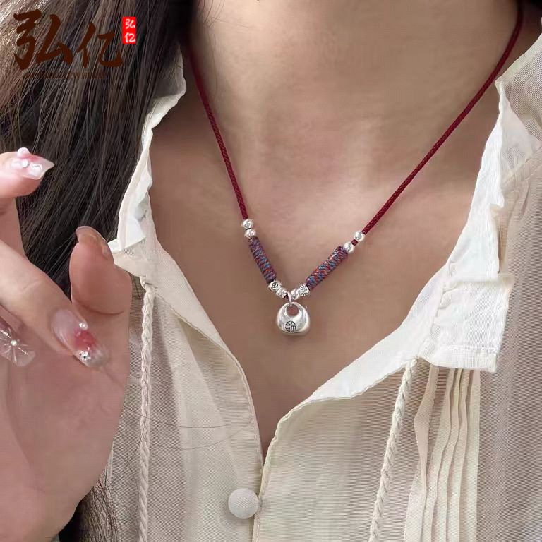 3D银坨坨999足银平安小胖福袋DIY编织红绳编绳项链情侣小众女锁骨