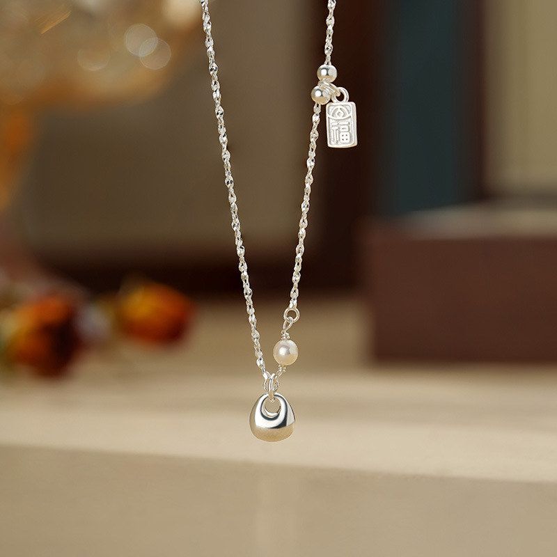 S999足银国风胖坨福牌项链女个性轻奢小众高级时尚锁骨链