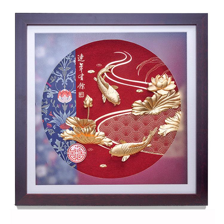 连年有鱼立体浮雕金箔工艺挂画可摆可挂两用创意礼品送朋友客户