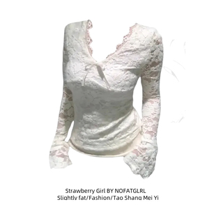 温柔气质秋冬新款 大码 蕾丝拼接修身 V领长袖 内搭上衣女 加绒喇叭袖