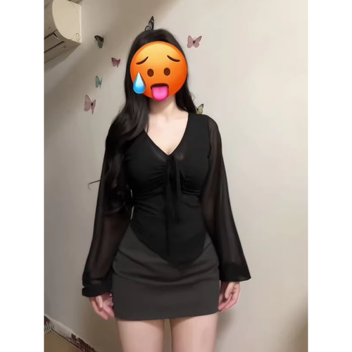 大码胖mm辣妹风绑带褶皱v领长袖