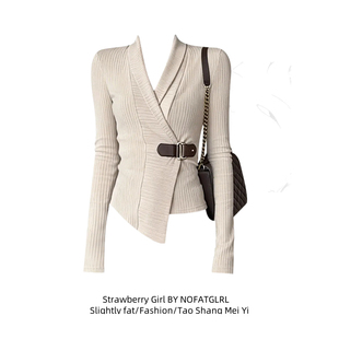 女2025冬设计感拼接皮带上衣 收腰针织衫 大码 复古气质交叉V领长袖