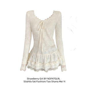 蝴蝶结系带荷叶边显瘦内搭上衣 T恤女冬季 大码 减龄蕾丝花边V领长袖