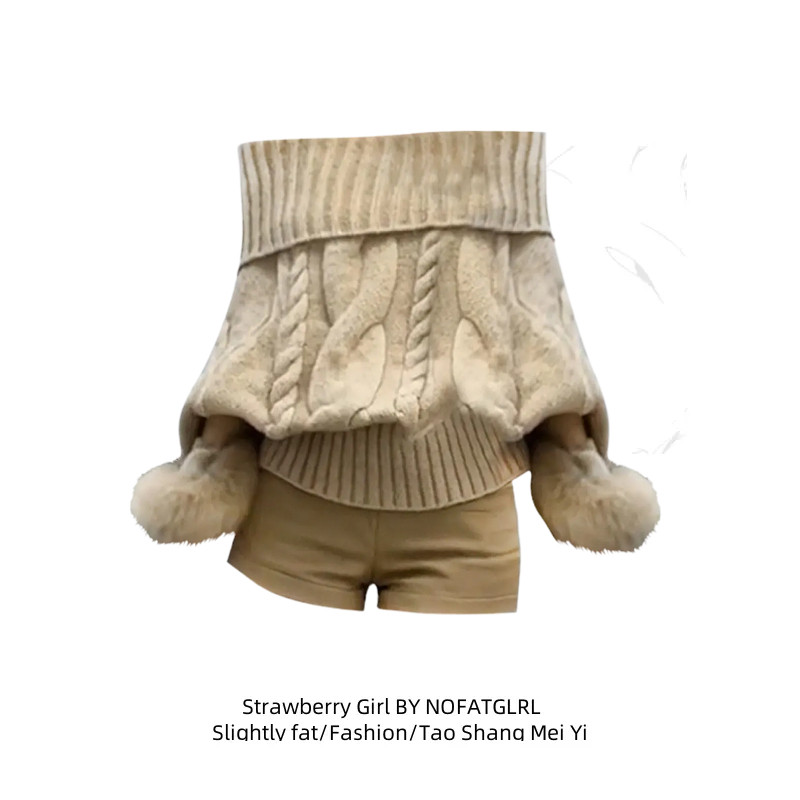 大码女装胖mm时尚百搭一字领斗篷毛衣女秋冬季氛围感宽松纯欲上衣