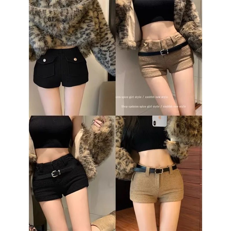 大码胖MM复古辣妹毛呢休闲裤女冬季新款设计感口袋紧身热裤短裤子