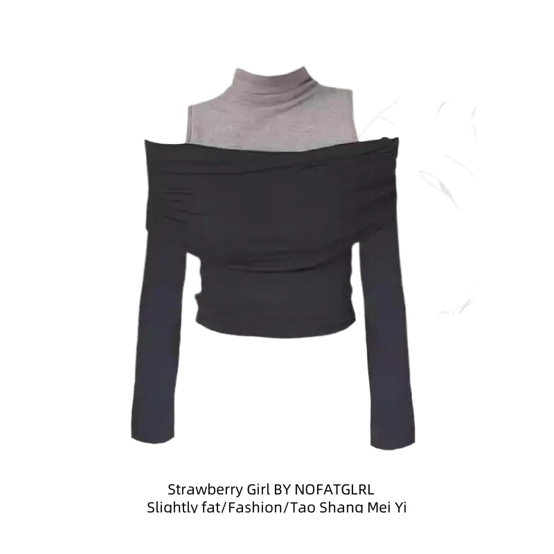 大码韩系撞色假两件露肩长袖T恤