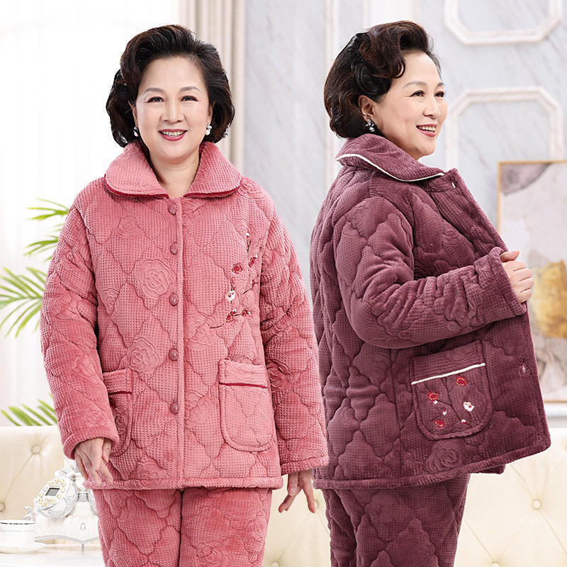 新款冬季中老年加厚牛奶绒睡衣套装保暖奶奶服居家女冬棉衣实用
