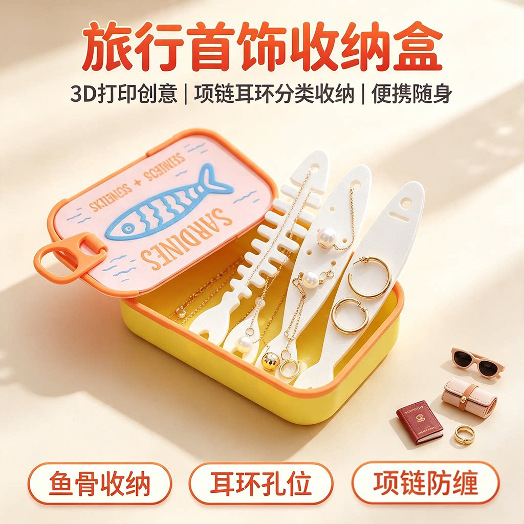 原创3D打印创意首饰盒旅行便携分类收纳盒项链耳环鱼骨首饰收纳