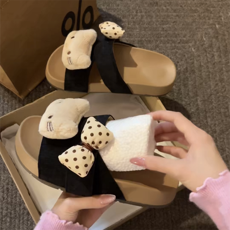 意尔康蝴蝶结猫咪卡通拖鞋女2026夏季外穿厚底少女一字拖防滑舒适
