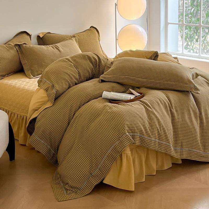 高端轻奢纯棉双层纱四件套纯棉花边夹棉床盖款床上用品四季通用9