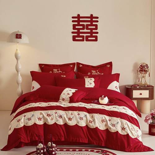 新中式60支长绒棉时尚拼色浮雕刺绣全棉婚庆四件套六件套