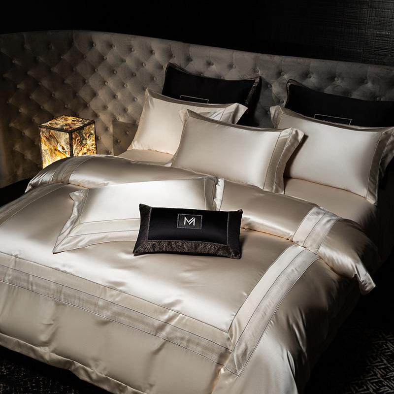 高档奢华真丝棉提花四件套蚕丝缎面丝滑裸睡长绒棉床单别墅床品