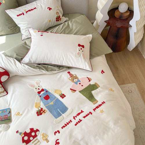 长绒棉四件套可爱卡通毛巾刺绣纯棉被套床高端儿童床上用品