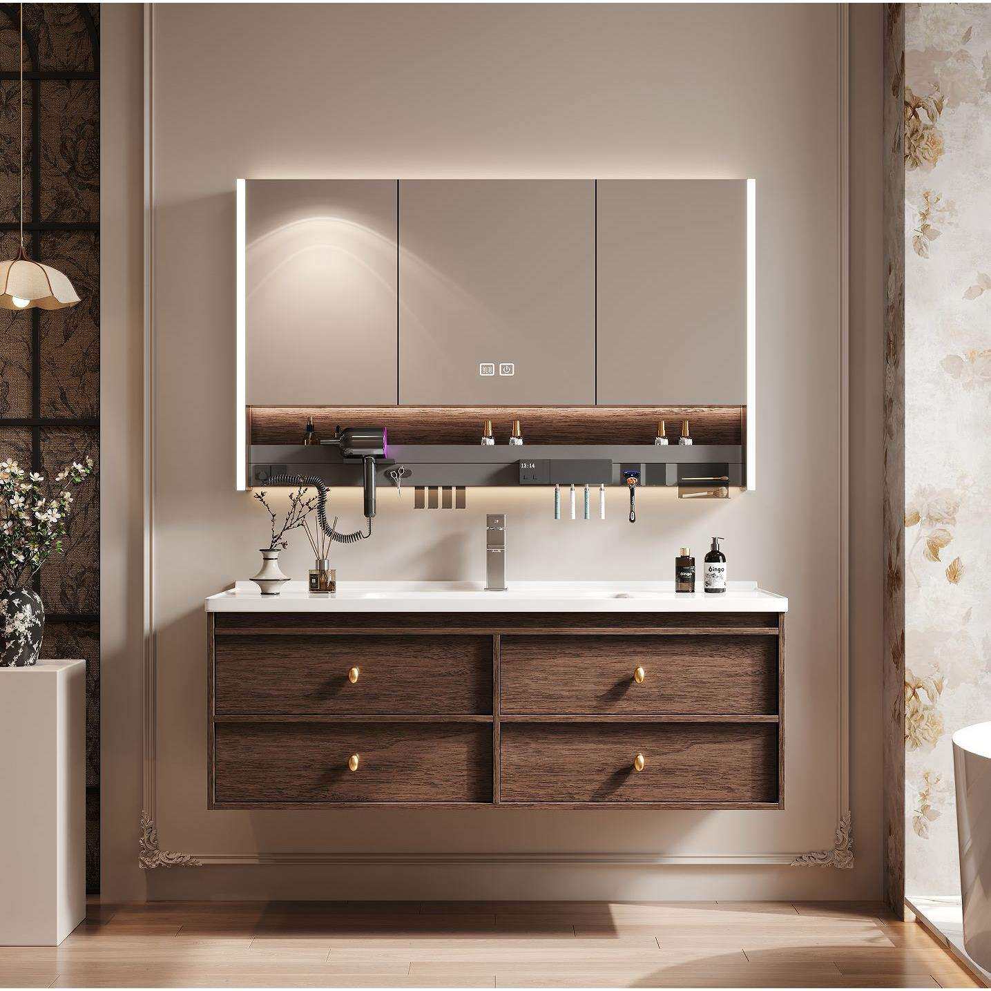 中古风胡桃木蜂窝铝浴室柜组合陶瓷一体盆带抽屉卫生间洗漱台