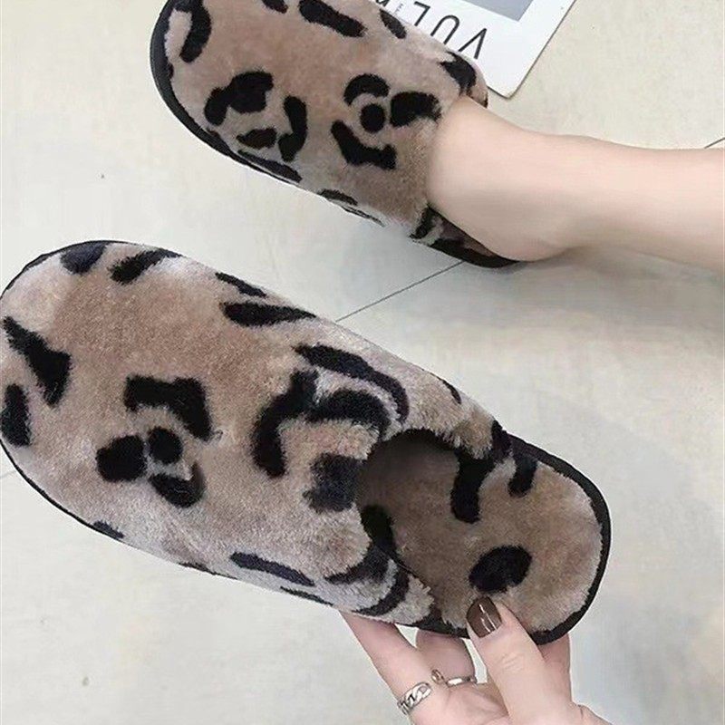 爆款包头韩版豹纹毛绒加厚保暖时尚家用卧室平底防滑秋冬棉拖女潮