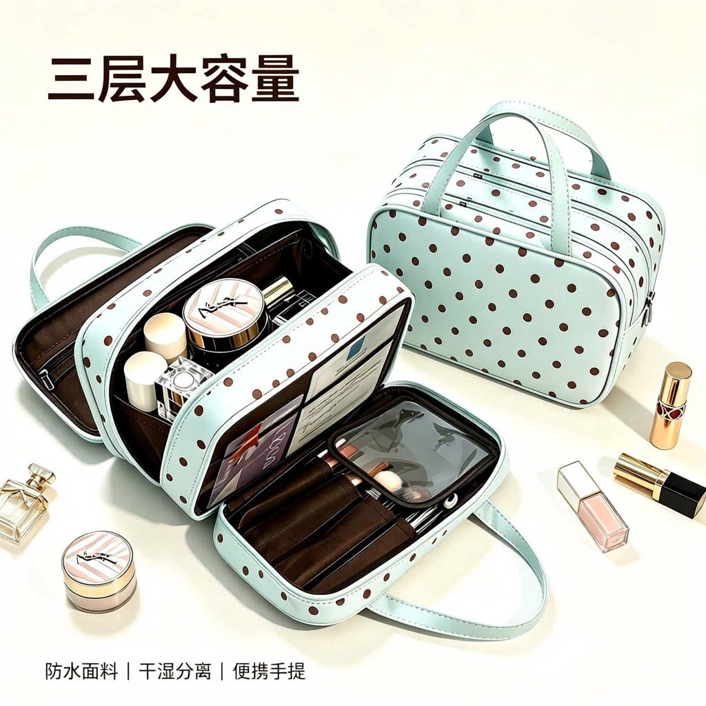ins风大容量三层化妆包薄荷绿