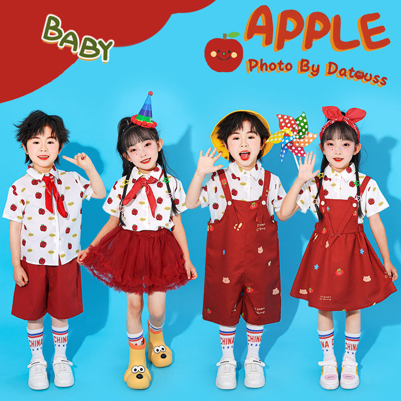 六一儿童可爱啦啦队演出服幼儿园红色水果背带裤套装毕业班服