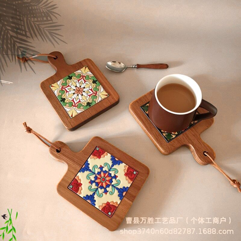 实木花砖手作隔热杯垫|复古风+