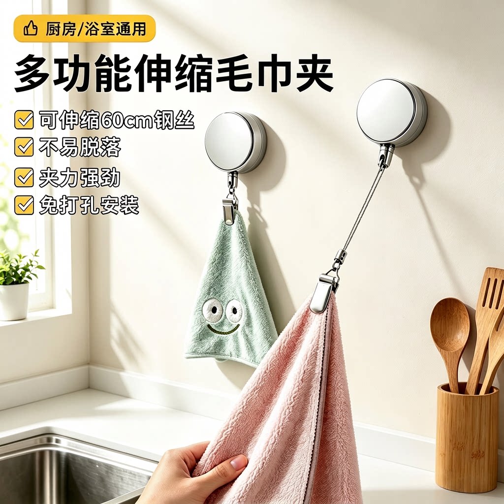 多功能伸缩毛巾夹自动回弹收缩挂钩夹免打孔擦手巾易拉绳日用套装