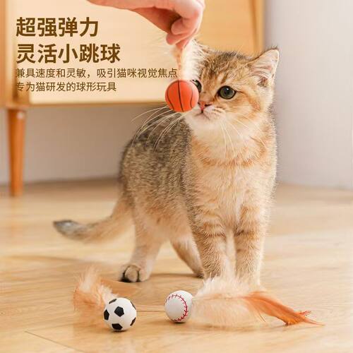 宠物玩具球耐咬猫咪弹力球鸡毛带羽毛球橡胶球互动逗猫咪自嗨解闷