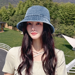 网红牛仔渔夫帽女夏季防晒遮阳帽休闲百搭盆帽小边水桶帽子高级感