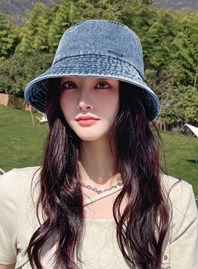 网红牛仔渔夫帽女春季防晒遮阳帽休闲百搭盆帽小边水桶帽子高级感