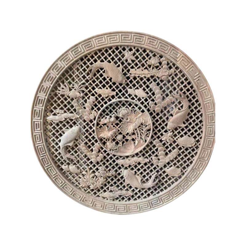 实木雕花圆形吊顶中式背景墙圆花装饰镂空雕刻精雕背景墙家具装饰