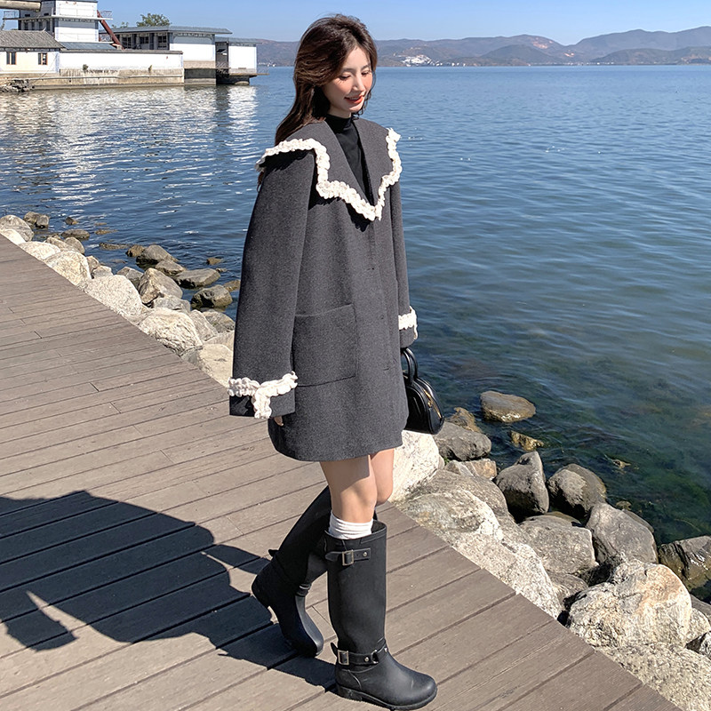 灰色蕾丝花边披肩翻领西装外套女2025新款韩系学院风减龄休闲上衣,女装西装,浙宝210（原浙宝191）