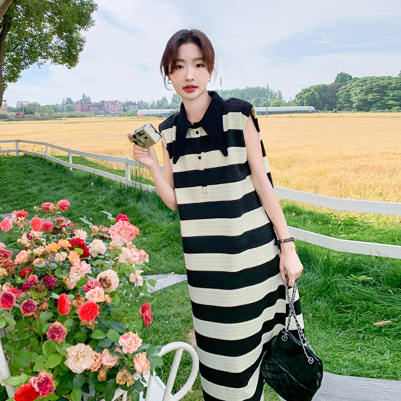 法式气质条纹Polo领连衣裙女2025夏季新款韩版宽松显瘦减龄T恤裙,女装连衣裙,浙宝210（原浙宝191）