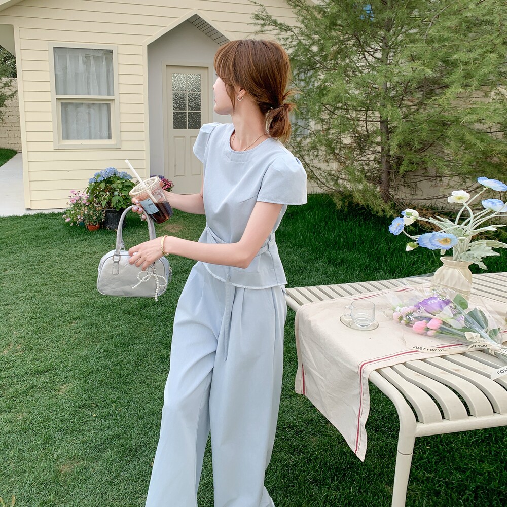 韩系休闲套装女2025夏季新款设计感小个子圆领上衣阔腿裤两件套,女装套装/套裙,浙宝210（原浙宝191）