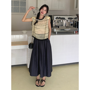 现货，B191K99002P140K208圆领撞色条纹百搭显瘦松紧高腰伞裙图片