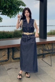 中长裙无袖单排扣黑色露腰连衣裙复古牛仔裙高腰气质时尚长裙显瘦，商品下架区，浙宝210（原浙宝191）