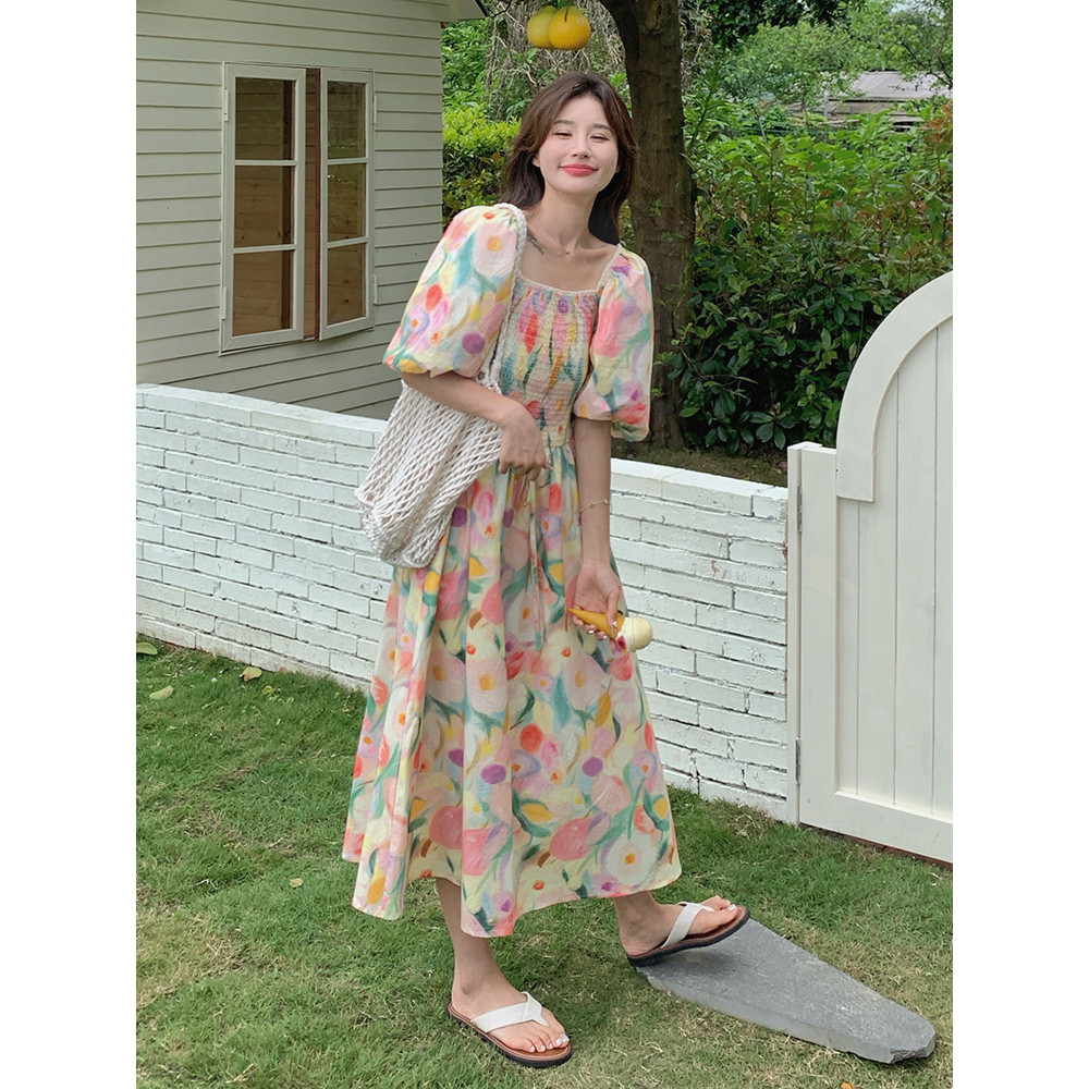 法式复古温柔风碎花连衣裙女2025夏季新款韩版收腰显瘦泡泡袖长裙,女装连衣裙,浙宝210（原浙宝191）