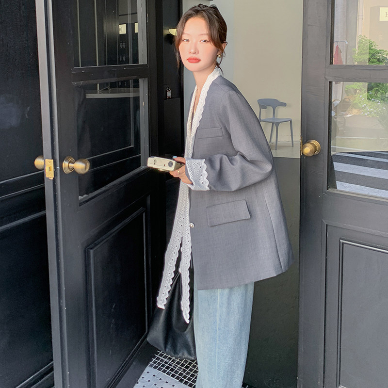 蝴蝶结设计蕾丝拼接飘带西装外套女2025春季新款气质通勤灰色西服,女装西装,浙宝210（原浙宝191）