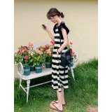 黑白条纹飞飞袖连衣裙女2025夏季新款慵懒风韩系休闲宽松T恤长裙，女装连衣裙，浙宝210（原浙宝191）