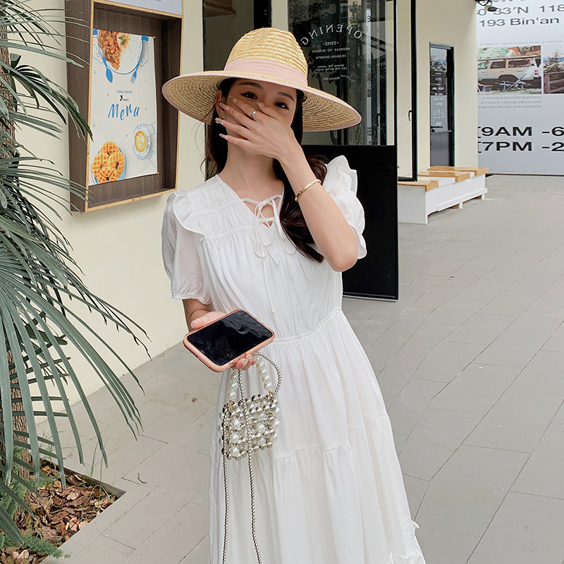 设计感v领白色连衣裙女夏季2025新款法式茶歇蛋糕裙气质仙女长裙,女装连衣裙,浙宝210（原浙宝191）