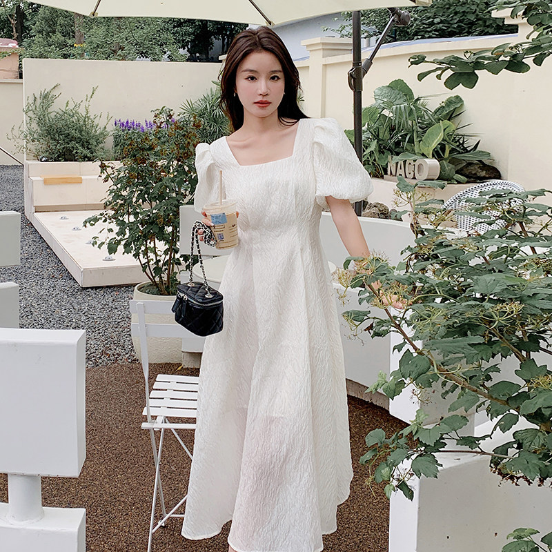 法式气质绝美白色连衣裙女夏2025新款高级感茶歇裙方领泡泡袖长裙,女装连衣裙,浙宝210（原浙宝191）