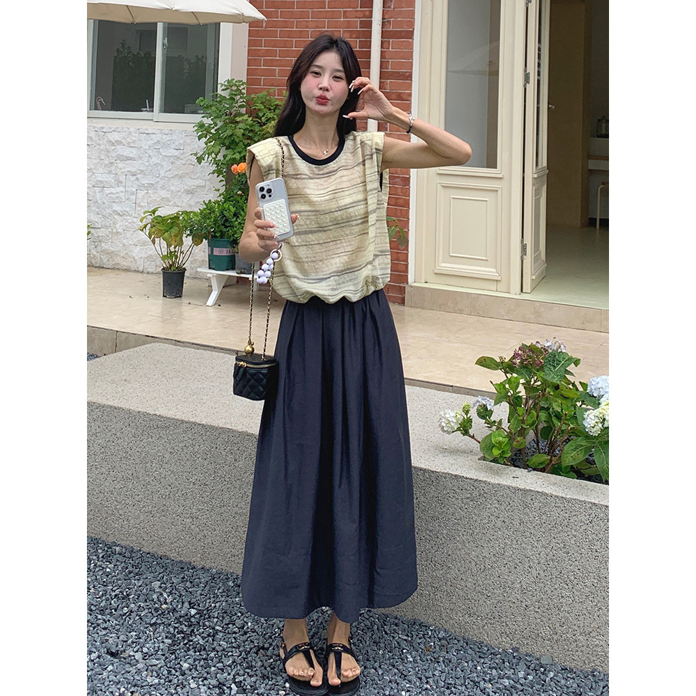 现货，B191K99002P140K208圆领撞色条纹百搭显瘦松紧高腰伞裙,商品下架区,浙宝210（原浙宝191）