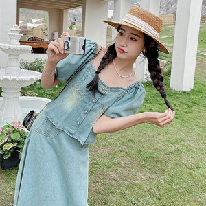 法式复古甜美泡泡袖上衣套装女2025夏季新款显瘦牛仔半身裙两件套图片