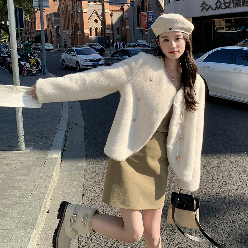 粉色仿水貂毛环保皮草外套女秋冬新款新中式盘扣加厚皮毛一体棉衣,女装短外套,浙宝210（原浙宝191）
