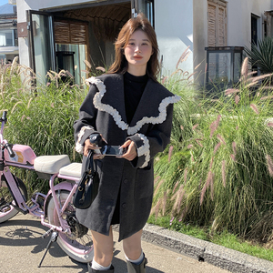 灰色蕾丝花边披肩翻领西装外套女2025新款韩系学院风减龄休闲上衣图片